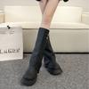Botas de Pantalón de Tacón Grueso para Mujer, Botas de Pana Plisada con Hebilla de Cinturón y Punta Redonda, Botas Altas de Estilo Británico Talla Grande Otoño 2025