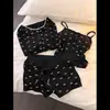 Pode Ser Usado Fora, Pijama Puro e Desejável com Estampa de Laços Estilo Menina, Estilo Verão Feminino com Bojos, Shorts de Alça, Conjunto de Três Peças para Casa