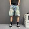 Marca Americana de Street Fashion Calça Versátil de Cinco Pontos Pintada à Mão Verão Novo Retrô Lavado Solta Reta Jeans Shorts
