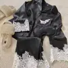 Estilo Coreano de Primavera e Outono Novo Manga Longa Seda Gelada Fina Doce Cor Sólida Renda Roupa de Casa Conjunto Doce para Mulheres