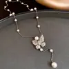 Collar con Borlas de Mariposa de Circonita Dulces y de Hada Estilo Coreano, Perlas, Accesorios para Mujer, Cadena para Suéter con un Toque de Lujo Ligero y de Alta Gama