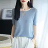 Camiseta Base Adelgazante de Manga Corta con Escote en V Reversible de Punto de Lino Lyocell Calado Nuevo Estilo Verano 2026 para Mujer