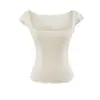 Camiseta Sexy Atractiva con Diseño de Cuello Cuadrado y Mangas Cortas para Mujer 2026 Verano Ajustada Elástica Versátil Top con Volantes