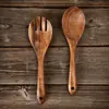Juego de Cuchara y Tenedor de Madera de Acacia Japonesa Combinación de Madera Maciza Cuchara y Tenedor de Cocina Cuchara de Madera Grande Tenedor de Madera Tenedor y Cuchara para Mezclar