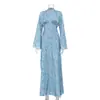 Elegante vestido francés línea A con escote en V y manga acampanada, moda femenina transfronteriza, nuevo vestido largo floral de cintura alta 2026