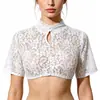 Blusa Blanca de Encaje con Cuello Alto de Manga Corta para Mujer Amazon Transfronteriza Top con Botones Oktoberfest