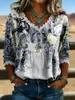 2026 Nueva Camiseta Estampada Transfronteriza de Cuello en V con Encaje Top Elegante Camisa Casual de Trabajo para Mujer Verano