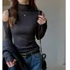 Camiseta básica de otoño temprano de fábrica con cuello alto para mujer, diseño de nicho, top interior fuera del hombro, aspecto adelgazante, camiseta de manga larga