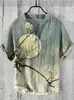 Camisa de Manga Corta con Cuello en V de 3 Botones, Estampado Digital, Paisaje de Carpas 3D Digital con Transferencia de Calor, Transfronteriza Europea y Americana 2024