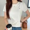 Camiseta feminina de manga curta com decote redondo e estampa Smiley, camiseta feminina de verão adorável, com ombros combinados, elástica, manga curta, slim fit, atacado