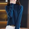 Ropa de primera línea para mujer de merino, suéter de lana pura versátil, color sólido, cuello semi alto, manga larga, top ajustado con temperamento, camisa básica
