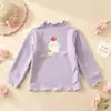 Camiseta de Forro Polar con Bloques de Color para Niñas de Primavera y Otoño con Dobladillo Fruncido, Cuello Semi Alto, Manga Larga de Dibujos Animados, Ropa Interior para Niños al por Mayor