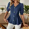 Nueva Ropa de Verano Transfronteriza Europea Americana TK para Mujer Camisa Temperamento Cuello en V Manga Corta Abullonada Color Sólido Corte Delgado Top Favorecedor