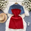 Vestido feminino estilo coreano, falso duas peças, retrô, jeans, manga curta, design de costura, zíper, corte justo, curto, com temperamento