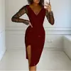 Ropa de Mujer Transfronteriza Otoño e Invierno 2023 Amazon Wish Vestido Sexy de Malla con Cuello en V y Diamantes Calientes que Cubre las Caderas para Mujer