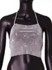 Top de rede sexy com strass YYF, Amazon transfronteiriço, design vazado, sem costas, top halter sexy, rede com strass brilhante