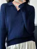 Outono e Inverno Algodão Puro Estilo Coreano Gola Pequena Torcido Suéter Feminino Camisa de Base Tricô Versátil Gola Polo Decote V Tricô