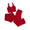 Pijamas de Encaje Transfronterizos Populares para Mujer, Traje de Encaje de Tres Piezas, Tirantes, Pantalones Cortos, Pijamas, Ropa de Casa Sexy para Mujer