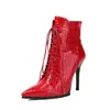 2025 Novas Botas de Moda com Cadarço Padrão Escama de Peixe Bico Fino Botas Curtas de Cavaleiro Salto Alto Sexy Estilo de Rua Botas Femininas Botas de Comércio Exterior
