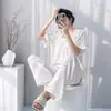 Pijama Feminino Novo Estilo Primavera e Outono com Grade de Quatro Linhas, Conjunto de Roupa de Casa de Manga Curta e Calça Longa de Verão, Tamanho Grande, Solto