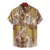 Camisa masculina de verão com estampa retrô, gola virada, manga curta, casual, moda masculina