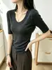 Camiseta de manga média 260g de lã Lyocell para mulheres, outono inicial, corte justo, top com gola U grande, fornecimento exclusivo para atacado de verão