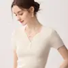 Simples e elegante~Suéter feminino de gola V de manga curta 100% caxemira pura botões malha canelada macia slim fit
