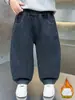 Ropa de Otoño e Invierno para Niños Estampado de Dibujos Animados Jeans con Felpa Pantalones Casuales Sueltos de una Pieza para Niños Pantalones de Bebé Comercio Exterior