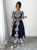 Amazon Transfronterizo Ropa de Mujer Posicionamiento Retro Europeo y Americano Estampado Color Bloque Bohemio Cachemir Vestido Largo