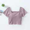 Camiseta de cintura alta para mujer, expone el ombligo, manga corta, copa, una pieza, cuello cuadrado, ropa interior, top ajustado con base y almohadilla de soporte
