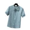 Foto Real Verão 2024 Nova Camisa Jacquard de Algodão de Manga Curta Versátil Renda Gola Boneca Top Camisa Estilo Hong Kong