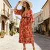 Estilo Pulôver, Elegante Viagem de Férias Cintura Alta Vermelho Moda de Verão Estampado Boêmio Praia Casual Vestido Longo, Estilo Europeu e Americano