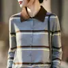 Cardigan de Tricô Gola Polo de Lã Fina e Caxemira Novo para Primavera e Outono, Manga Longa, Blusa Jaqueta Color Block Listrada