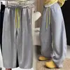 Calça Casual Grossa com Forro de Fleece Bordada de Pônei Outono e Inverno Nova Cintura Alta Fluida Solta Emagrecedora Versátil Calça de Perna Larga