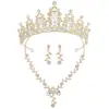 Juego de tres piezas de corona de novia, corona de pedrería, tocado de boda de estilo europeo y americano, collar, pendientes, juego de joyas, accesorios para vestido
