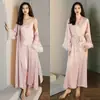Pijama de Seda de Hielo Zuo Shang para Mujer Verano Manga Larga Satén Pluma Camisón Pantalones de Tirantes Traje para el Hogar 2658 2659