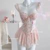 Camisola Sexy para Mulheres, Estampa Floral e Tinturaria Doce Barbie, Doce Sutiã Espinha de Peixe com Bojos, Pijama Sexy Push-Up com Visual Emagrecedor