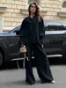 Traje de Cardigan de Manga Larga Transfronterizo + Pantalones de Pierna Ancha Traje Europeo y Americano Otoño 2025 Top de Manga Farol y Pantalones Traje de Algodón Puro