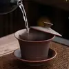 Cuenco con Tapa de Cerámica Púrpura Mineral con Patrón de Cuchillo Sancai, Giratorio y Flotante, Tazón de Té de Gran Capacidad, Cafetera para Oficina en Casa