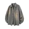 Camisa Masculina Amazon Primavera Nova Estilo Hong Kong Corte Solto Tamanho Grande Bolso Tridimensional Algodão Listrada Manga Longa para Homens