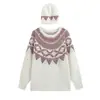Conjunto de duas peças de tricô com gola redonda em jacquard vintage de cor contrastante e chapéu, caimento solto casual, suéter grosso versátil e estiloso
