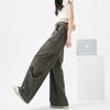 Pantalones de Trabajo Retro Americano de Calle para Mujer, Nuevo Estilo Verano 2026, de Cintura Alta con Diseño de Cintura Plegable, Pantalones Casuales Deportivos de Pierna Ancha