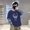 Camiseta de Manga Larga de Dibujos Animados para Niños Primavera y Otoño, Camiseta Básica Casual a Rayas con Parches Estilo Ins para Bebé Niño, Ropa de Algodón Puro