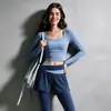 Conjunto de Yoga Falso Duas Peças para Mulheres, Gola Quadrada Manga Longa Calça de Cintura Alta Levanta Bumbum, Conjunto Profissional de Duas Peças para Pilates Esporte Fitness