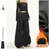 Outono Estilo Americano Ancora Vermelho Vintage Design Simples Calças de Perna Larga Calças Jeans Femininas Soltas Cintura Alta Emagrecimento