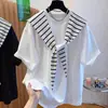 Conjunto de dos piezas para mujer de talla grande con camiseta de manga corta a rayas y chal, adecuado para principios de primavera y verano, corte holgado, top de manga corta talla grande