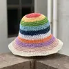 Chapéu de Palha Colorido Arco-Íris Feito à Mão para Mulheres, Novo Estilo de Praia de Verão, Chapéu de Sol com Aba Larga, Chapéu de Praia Vazado para Proteção Solar nas Férias