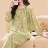 Verano Nuevo Algodón Seda Pijama Mujer Manga Larga Pantalones Cárdigan Estilo Nacional Estampado Cómodo Primavera Ropa de Casa Traje Delgado