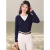 Suéter feminino elegante de outono e inverno, azul marinho, gola macia, estilo casual, falso duas peças, manga longa, corte solto