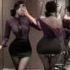 Man Yan Lencería Sexy Puro Deseo Maestra OL Secreto Sexy Malla Morada Transparente Conjunto Secretaria Tentación 102015